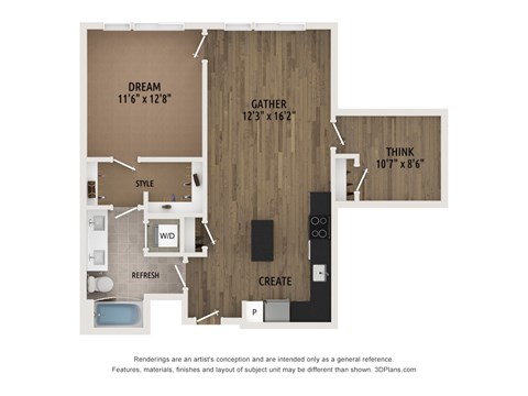 Floor plan for 1 bed, 1 bath, 805 sqft